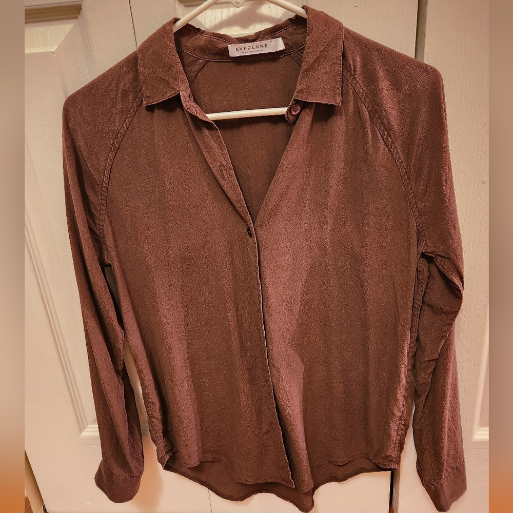 Everlane - Silk Point Collar Top, Button Down, XS, "Root"